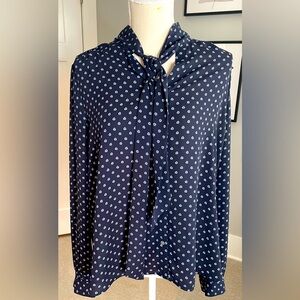 J. Crew Women's Navy Blue Patterned Button-Up Shirt - Long Sleeve, Bow Tie Neck